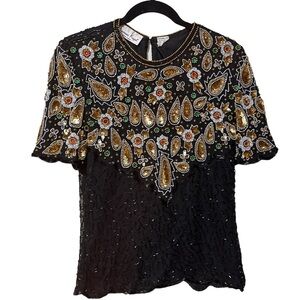 VINTAGE 100% SILK BEADED TOP SEQUIN BLOUSE TOP PARTY NYE PM